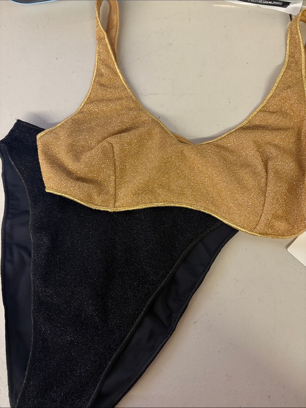 New designer Oséree Sz L Gold & Black Shimmer Bikini Top High-Cut Bottom Set
